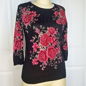 Red Rose Sweater with Rhinestones, Womens Valentines Day Top, 3/4 Sleeve Sweater